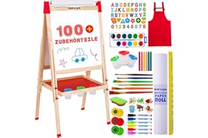 ‎BLUE SQUID Kunst Staffelei für Kinder mit 100+ Zubehör- Doppelseitige hölzerne Tafel für Kinder mit magnetischer Kreidetafel, abwischbarem Whiteboard & Papierrolle, Kindertafel mit Kreide und Magnet 3-4 4-8 9-12