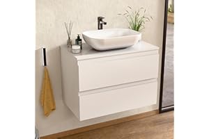 BELLOBATH - Mueble Baño Suspendido con Lavabo de Cerámica, Mueble Baño con Lavabo Montado con 2 Cajones, 80 x 55 x 46 cm, Mueble Blanco