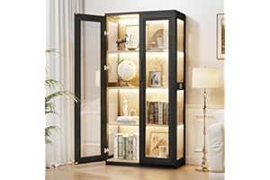BROTTAR Display Cabinet with Glass Doors, 4-Tier Curio Cabinet with 3 Color LED Lights, Display Cases with Human Body Sensing, Bookcase for Collectibles, Bedroom Living Room Kitchen Office, Black