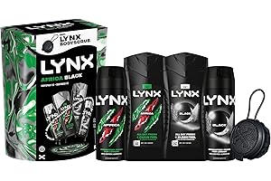 Lynx Gift Set Africa & Black Bumper with two body wash and body spray duos & a Body Scrub Tool perfect gifts for him 4 piece