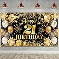 NiCoLa Happy 21st Birthday Banner Black Gold Birthday Party Decorations Backdrop, Birthday Decorations for Men and Women 21st Backdrop Banner Background Photo Booth Sign, 180×110cm