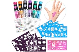 FRIEDWOHL Tattoo Stifte Kinder, Tattoo-6er Set Glitter Tattoo Stifte Kinder Hautfreundlich, mit 9 Schablone und 2 Gesicht Edelstein, Geschenk für Jungen Mädchen Halloween Party