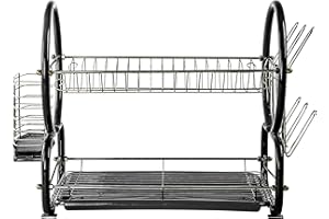 SQ Professional 2 Tier Dish Drainer Rack with Drip Tray With Cutlery & Glass Holder Easy & Convenient Storage For Dishes (Metallic Black)