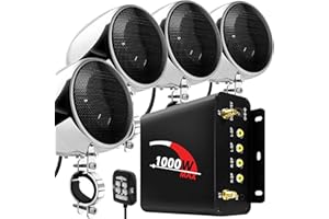Aileap 1000W 4 Canales de Motocicleta Amplificador 4" Gama Completa Impermeable Bluetooth Motocicleta Altavoces estéreo Sistema de Audio con Radio FM para 1-1,5" Manillar ATV UTV (Cromo, Red)