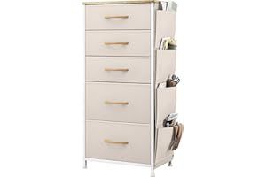 ‎YITAHOME YITAHOME Kommode, 5 Stoffschubladen mit Griffen, Aufbewahrungsschrank mit Haken, Schubladenschrank mit Seitentaschen, Schrank, Metallgestell,stoffkommode für Schlafzimmer,Wohnzimmer,Flur,Büro, beige