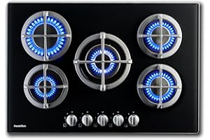 PremierTech Piano Cottura a Gas, 5 Fuochi, 75 cm, Vetro Nero, Supporti in Ghisa Professional, predisposto a Metano e Kit Ugelli GPL inclusi, Design Elegante - PC5G75V