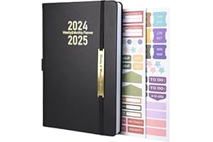 HOYUNLL Diary 2024-2025 - 18 Month A5 Week to View Diary from Jan. 2024 to Jun.2025 Mid Year, Productivity Daily Planner，Weekly & Monthly Planner with Leather Cover,Sticker, Pen Loop, Inner Pocket (Black)