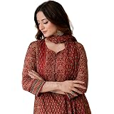 Arayna Women's 100% Pure Cotton Jaipuri Block Printed Kurta Pant Dupatta Set, Scarlet Red: 