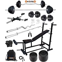 Kore PVC 20 Kg Home Gym Set with One 3 Ft Curl + One 5 Ft Plain Rod and One Pair Dumbbell Rods Comes with 6 in 1 Bench and Gym Accessories