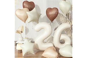 GOVPY 26th Birthday Balloons for Women, Large Foil Beige Cream Sand White Neutral 26 Balloon, Nude Tan Apricot Brown Helium Heart Star Balloon for Men Birthday Wedding Anniversary Party Boho Decoration