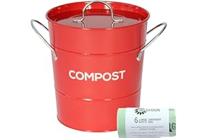 THE CADDY COMPANY Red Metal Kitchen Compost Caddy & 50x 6L All-Green Compostable Bags - Composting Bin for Food Waste Recycling