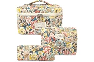 Aucuu 3-częściowy zestaw kosmetyczek Coquette, pikowany pojemnik na kosmetyki dla kobiet, zestaw kosmetyczek z bawełnianym wzorem kwiatowym, duża pojemność, estetyczna kosmetyczka kwiatowa, podróżna