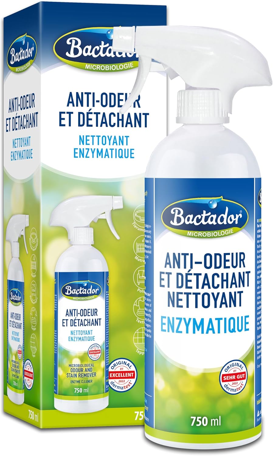 Bactador Enzyme Cleaner Spray 750ml - Destructeur odeur urine chat & détachant microbiologique – Anti odeur - Desodorisant litiaire chat - Nettoyant enzymatique - Neutraliseur d'odeur