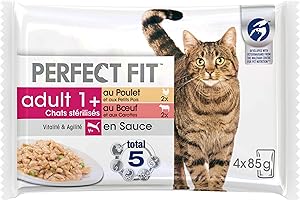 PERFECT FIT Repas pour Chat Adulte Stérilisé - 52 Sachets Fraîcheur (Lot de 13 Packs 4x85g) - Pâtée pour Chat en Sauce - Poulet / Boeuf - Nourriture Complète & Equilibrée - Vitalité & Agilité