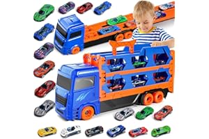 Oqunene 12 Race Cars Track and Die-Cast Transport Truck Toys for 2 3 4 5 6 Years Old Boys Kids - Toddler Car Toy Set Gifts for Boys and Girls