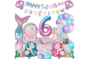YIMAKJ Meerjungfrau Geburtstag Deko 6 Jahr, Meerjungfrau Kindergeburtstag Deko, Meerjungfrau Partygeschirr Set mit Pappteller Pappbecher Tischtücher Ballons für Geburtstagsdeko Mädchen 6 Jahr 16 Gäste