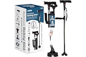 MEDITAL Folding Walking Stick with SOS Alarm & LED Light - 86-97cm Adjustable Aluminum Foldable Walking Stick for Men & Women - Stable Walking Cane Non-Slip Base Supports up to 113kg