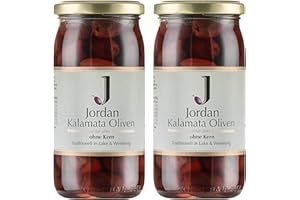 ‎JORDAN OLIVENÖL Jordan Olivenöl - Griechische Kalamata Oliven ohne Stein eingelegt in Salzlake - Glas 360 gr - Abtropfgewicht 200 gr - 2er Pack -Tafeloliven ohne Kern aus Griechenland