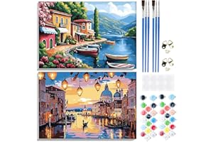 GHHKUD Dipingere con i numeri, per adulti, 2 pezzi, vista mare, paesaggio con numeri, con cornice, dipinto a mano, kit per pittura a olio per principianti, con cavalletto in legno e vernice acrilica
