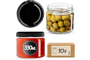 KADAX Zestaw 10 szt. słoików szklanych 330 ml z czarnymi zakrętkami, do dżemów, konfitur i miodu, szczelne przechowywanie przetworów