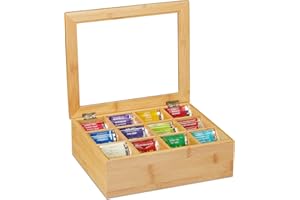 Relaxdays Boîte à thé, bambou, 12 compartiments, avec petite fenêtre, organisateur, HxLxP env. 9 x 28 x 23 cm, nature