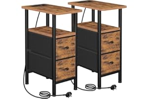 LOAKEKEL Slim Bedside Table Set of 2 with Charging Station, Narrow Side Table with 2 Fabric Drawers, End Table with Open Storage Shelf, Nightstand for Small Spaces, Living Room, Brown UHETNDP02BR