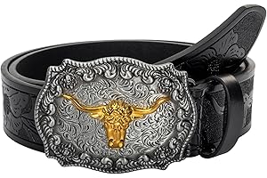 INOGIH Cinturones de cuero con hebilla de cuero para hombre, con hebilla de cinturón con estampado floral de toro largo, hebilla de cinturón para jeans, cintura de 33 a 42 pulgadas