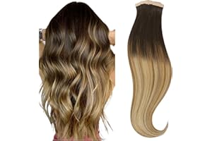HOTBANANA Extension Capelli Veri Biadesivo, Castano Scuro fino a Castano e Biondo Sporco Evidenziato Extension Biadesive Capelli Veri Lisci 50cm 20pcs Remy Tape in Hair Extensions 50g