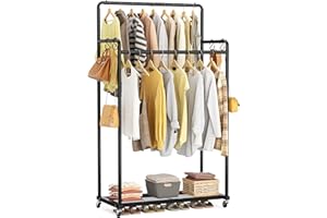 HOMIDEC Clothes Rail,Metal Clothes Rack with Hooks, Double Rads Heavy Duty Clothing Rail for Bedroom,Portable Clothing Rack Clothes Storage Shelf,Hold up to 80 kg,Blcak