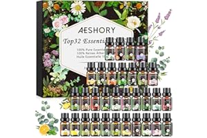 Aeshory Zestaw Olejków Eterycznych 32 X 5ml, 100% Czysty Naturalny Olejek Aromaterapeutyczny Do Dyfuzora, Nawilżacza Powietrza, Domowego Zapachu, Czyszczenia, Wyrobu Świec, Mydła, Relaksu, Masażu