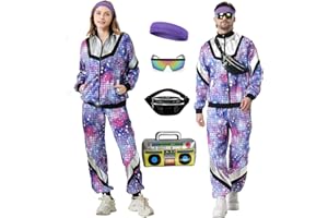 Ezuwail 80er 90er Jahre Outfit Herren Damen, Kostüm 80s Tracksuit Disco Jacke und Hose, 80s 90s Retro Anzug Jogging Anzug Unisex mit Gürteltasche Brille für Bad Taste Party, Karneval