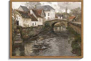 InSimSea Gerahmte Leinwand-Wandkunst, Vintage-Dekor, Landschafts-Wandkunstdrucke, Flussufer, kleine Stadt, rustikale Bauernhaus-Wanddekoration für Schlafzimmer, Wohnzimmer, Retro-Raumdekoration, 27,9