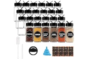 POJAH Juego de 24 tarros de especias, 120 ml, tarros de especias rectangulares con tapa negra, embudo, cepillo, etiquetas y rotulador de tiza, 10,5 x 4,3 cm