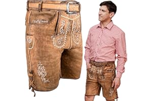 HOFGLANZ® Trachten Lederhose Herren Kurz [BRAUN/GRAU ANTIK] - Hochwertige Trachtenhose für Herren [INKL. TRACHTENGÜRTEL] - Traditionelle Echtlederhose für Oktoberfest Bequem & Robust (Größen 46-58)