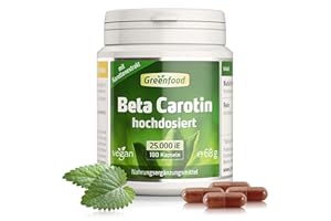 ‎GREENFOOD Beta Carotin, hochdosiert, 25.000 iE (30mg) - 180 Kapseln, vegan. Vorstufe von Vitamin A – gut für Sehkraft, Haut & natürliche Bräune - OHNE künstliche Zusätze - laborgeprüft. Von Greenfood.
