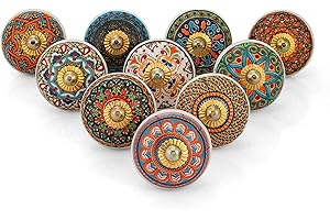 Rasiya Art Multicolor Mandala Knobs Motif for Dresser Drawers Cabinet and Doors - Assorted Ceramic Door Pull Handles for Kitchen Wardrobes Boho Home Interior Decor - Pack of 10