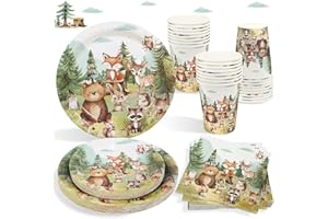 HEBOLAND 100pcs Piatti Carta Compleanno Animali del Bosco per 25 Ospiti, Decorazioni Compleanno Tema Animali del Bosco Stoviglie Bosco Foresta Piatti e Bicchieri per Feste 1 Anno Bimbo