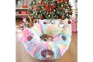 Maxetodo Set Tunnel per Gatti 2 Vie con Letto Lavabile, Fori di Ispezione e 2 Palline, Peluche Morbido e Colorato, Gioco Interattivo per Cuccioli Conigli, Pieghevole e Modulare a S o U o Rotondo