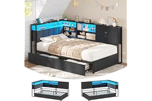 ‎KIMENICH KIMENICH Polsterbett Schlafsofa 90x200 mit LED-Beleuchtung, Ladestation, Tagesbett, Jugendbett mit 2 Schubladen und Lattenrost aus Metall, Kopfteil mit Stauraum, Offene Regale, Schrank, Schwarz