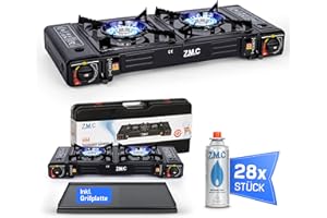 Z.M.C ZMC - Hornillo de gas para camping (2 focos, incluye adaptador para conexión LPG, plancha de 45 x 24 cm, 28 cartuchos de gas de 227 g, hornillo de camping con encendido piezoeléctrico)