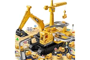 TEMI Bagger Spielzeug für 3 4 5 6 7 8-jährige Jungen, Baustellenfahrzeug mit Rennbahn, Kran Spielzeug für Kinder, Geburtstagsgeschenk für Jungen und Mädchen ab 3 Jahre