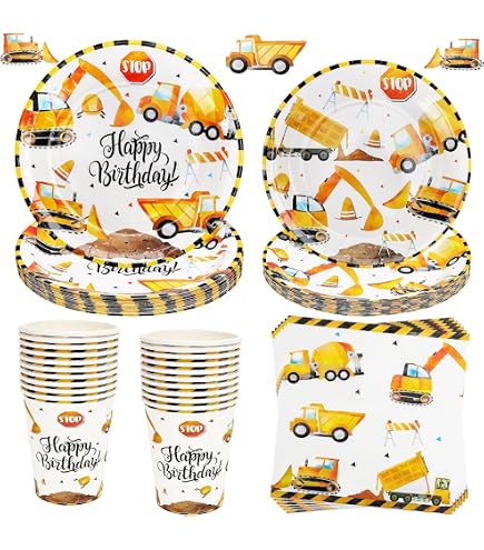 Bedwina Articles de fête thème construction (lot de 24) – 12 chapeaux de chantier jaunes pour enfants et 12 sacs cadeaux assortis sur le thème de la construction