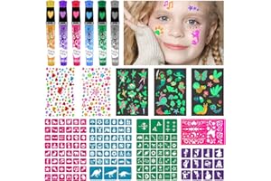 AIRNOGO Juego de 6 lápices de tatuaje para niños, con 6 lápices de tatuaje, 148 plantillas, 47 tatuajes luminosos, 238 piedras brillantes, para niñas, regalo para niñas 5, 6, 7, 8 años