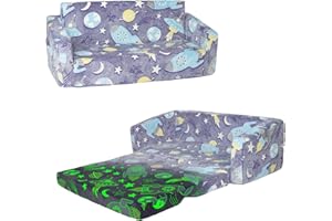 DECALSWEET Grande Sofás Plegables para Niños Sillón 2 en 1 Que Brilla en la Oscuridad, Sillón Infantil Cómoda Estable con Bolsillo de Tela, Sofá Cama Asiento para Bebé para Dormitorio Sala de Juegos, Cohete
