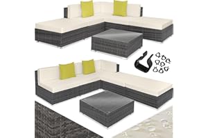 TecTake® Set Rattan Paris, Salotto da Giardino Esterno in Polyrattan, Telaio in Alluminio, Poltrone, Tavolino Salotto con Lastra in Vetro, 2 Cuscini Aggiuntivi - Grigio