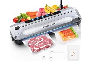 Vakuumiergerät Housiwill, 5 in 1 Vakuumierer Automatische, Folienschweißgerät für Trockene & Feuchte Lebensmittel, bis zu 8X Länger Frisch, mit 15 Vakuumbeuteln und 1 Schlauch