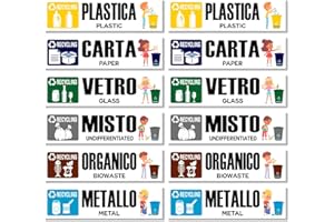^RTERBY'S Arterby's® - Adesivi Raccolta Differenziata - Bambini Grandi Piccoli Ricliclo Rifiuti Spazzatura v6 - Impermeabili Lavabili Esterno Interno - Italiano Inglese - Conformi UNI (25x8 cm, 12 Pezzi)