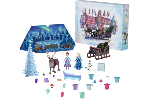 Mattel Disney La Reine des Neiges Calendrier de l?Avent avec mini-figurines Anna et Elsa, 2 figurines d?amis, sable à modeler et 24 accessoires de jeu, inspiré de L?aventure givrée d?Olaf, HWX20