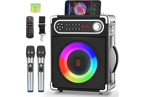 VOIJUMP Karaoke Machine, Portable Bluetooth 5.1 Speaker with Two Wireless Microphones & Bass/Treble Adjustment, PA System with Remote Control, Party Lights, Supports TF Card/USB,