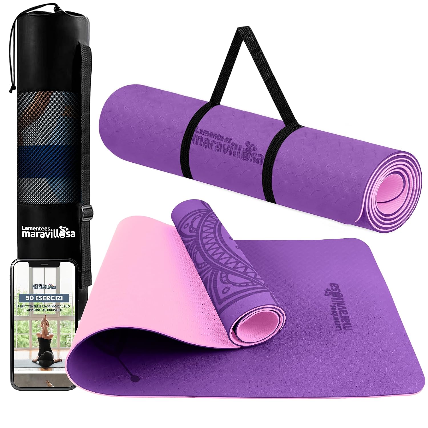 LA MENTE ES MARAVILLOSA - Tappetino Yoga e Pilates TPE, 183x61 cm | Spessore 6 mm, Antiscivolo per Fitness e Palestra in Casa, con E-Book, Custodia e Tracolla